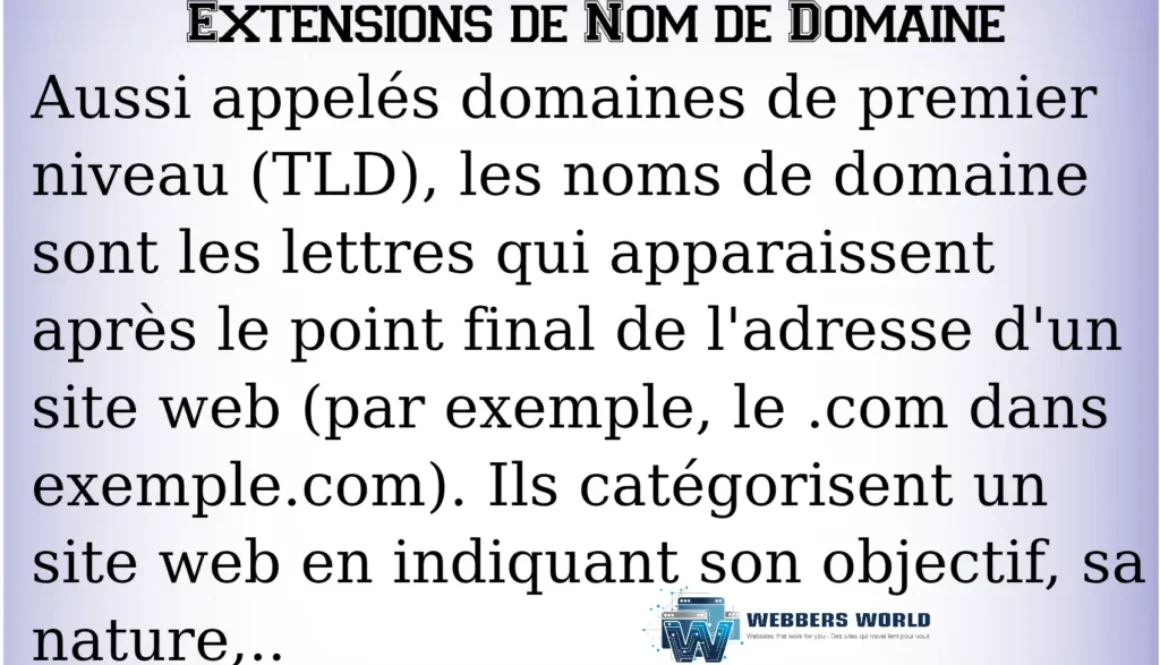 Infographie intitulée « EXTENSIONS DE NOM DE DOMAINE » expliquant qu’elles sont également connues sous le nom de Domaines de Premier Niveau (TLD). Le texte les définit comme les lettres apparaissant après le dernier point dans une adresse de site web, telles que le « .com » dans « example.com », et précise qu’elles indiquent le but et la nature d’un site web. Un logo pour « Webbers World » se trouve au bas de la page.