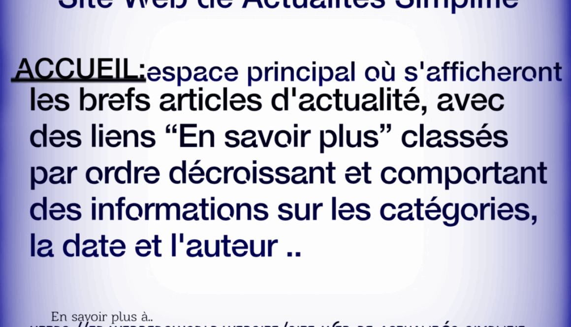 Site Web de Actualités Simplifié ACCUEIL:espace principal où s'afficheront les brefs articles d'actualité, avec des liens "En savoir plus" classés par ordre décroissant et comportant des informations sur les catégories, la date et l'auteur .. En savoir plus à https://fr.webbersworld.website/site-web-de-actualites-simplifie/