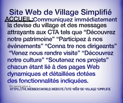 Site Web de Village Simplifié ACCUEIL:Communiquez immédiatement la devise du village et des messages attrayants aux CTA tels que “Découvrez notre patrimoine" "Participez à nos événements" "Conna tre nos dirigeants" "Venez nous rendre visite” “Découvrez notre culture" "Soutenez nos projets" chacun étant lié à des pages Web dynamiques et détaillées dotées des fonctionnalités indiquées. En savoir plus à https://fr.webbersworld.website/site-web-de-village-simplifie/